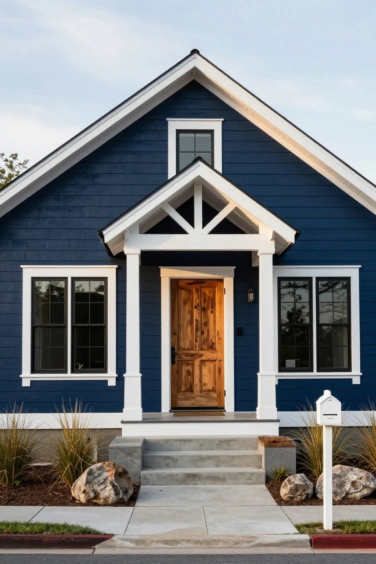Front exterior of a navy blue clapboard house with white trim around gabled porch, double-hung windows, wooden front door, concrete steps, and landscaping with grasses and rocks.