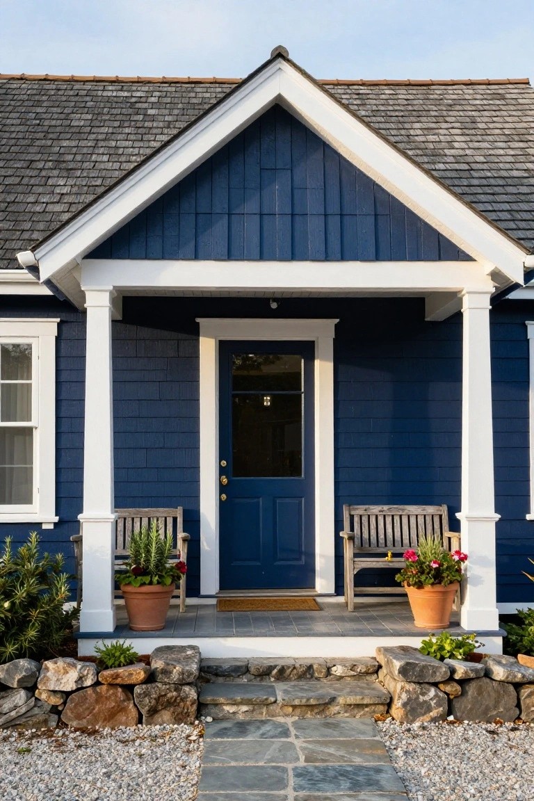 Front view of a two-story navy blue shingled house with white trim, gabled porch supported by white columns, dark blue front door with glass panel, wooden benches with potted plants on porch, and stone steps leading to gravel path flanked by rocks.