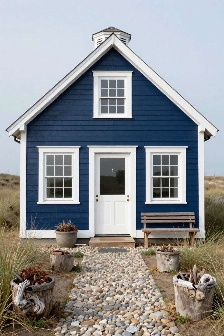 Small navy blue shingle-style cottage with white trim around double-hung windows and glass front door, gabled roof with cupola, pebble stone pathway, rustic wood planters with grasses and driftwood, set in sandy dune landscape.