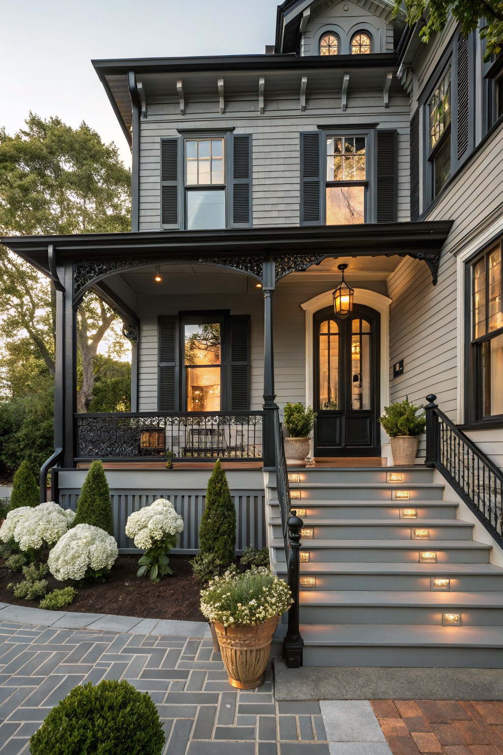 Two-story gray shingle house with black trim and shutters, ornate covered porch with metal railing, arched glass front door, lit concrete steps, potted plants and hydrangeas at base, stone path leading up.