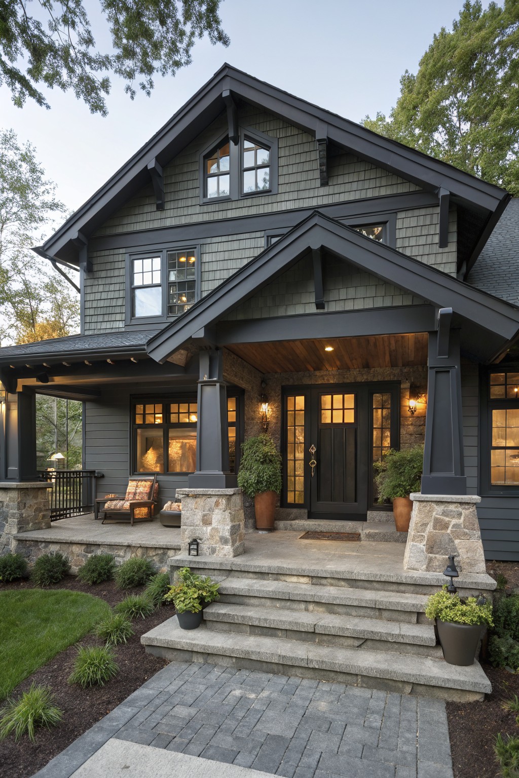 Two-story dark gray shingle house with black trim around windows and doors, gabled front porch supported by stone pillars, wood ceiling, potted plants, steps, and lawn.