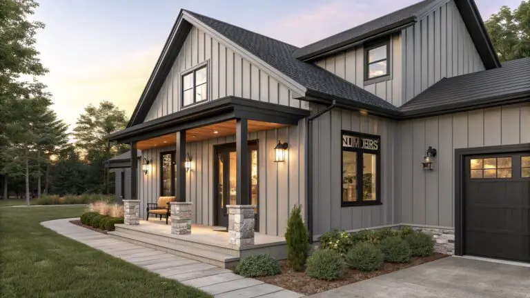 Front view of a two-story house with light gray board-and-batten siding on one side, dark gray on the other, black trim around windows and covered porch entry, wooden bench, stone pathway, and surrounding lawn and trees.