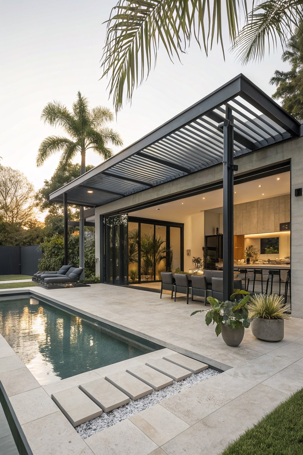 Light gray concrete house exterior featuring a black metal slatted pergola over a poolside patio with open sliding glass doors revealing an indoor kitchen, lounge chairs, and potted plants.