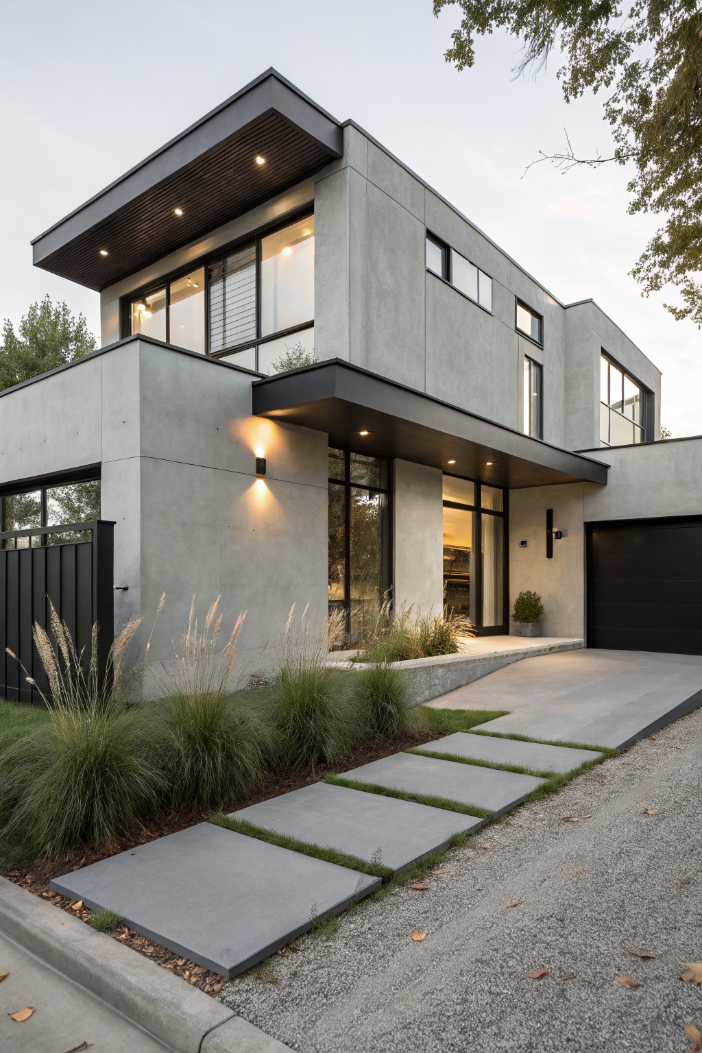 Two-story modern house with light gray concrete walls, black metal trim on overhangs and window frames, large glass windows, black garage door, concrete paver pathway, and ornamental grasses in the front yard.