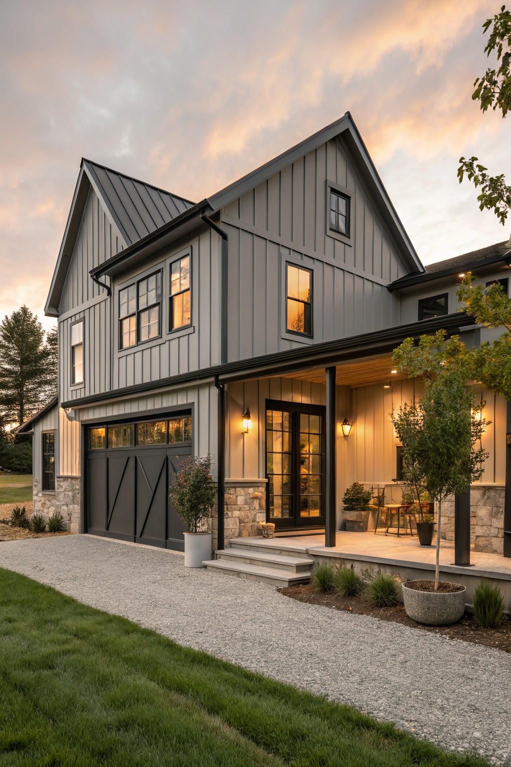 Two-story gray board-and-batten house exterior with black-framed windows, black garage doors, covered porch with glass door, stone accents, gravel path, lawn, and trees at dusk.