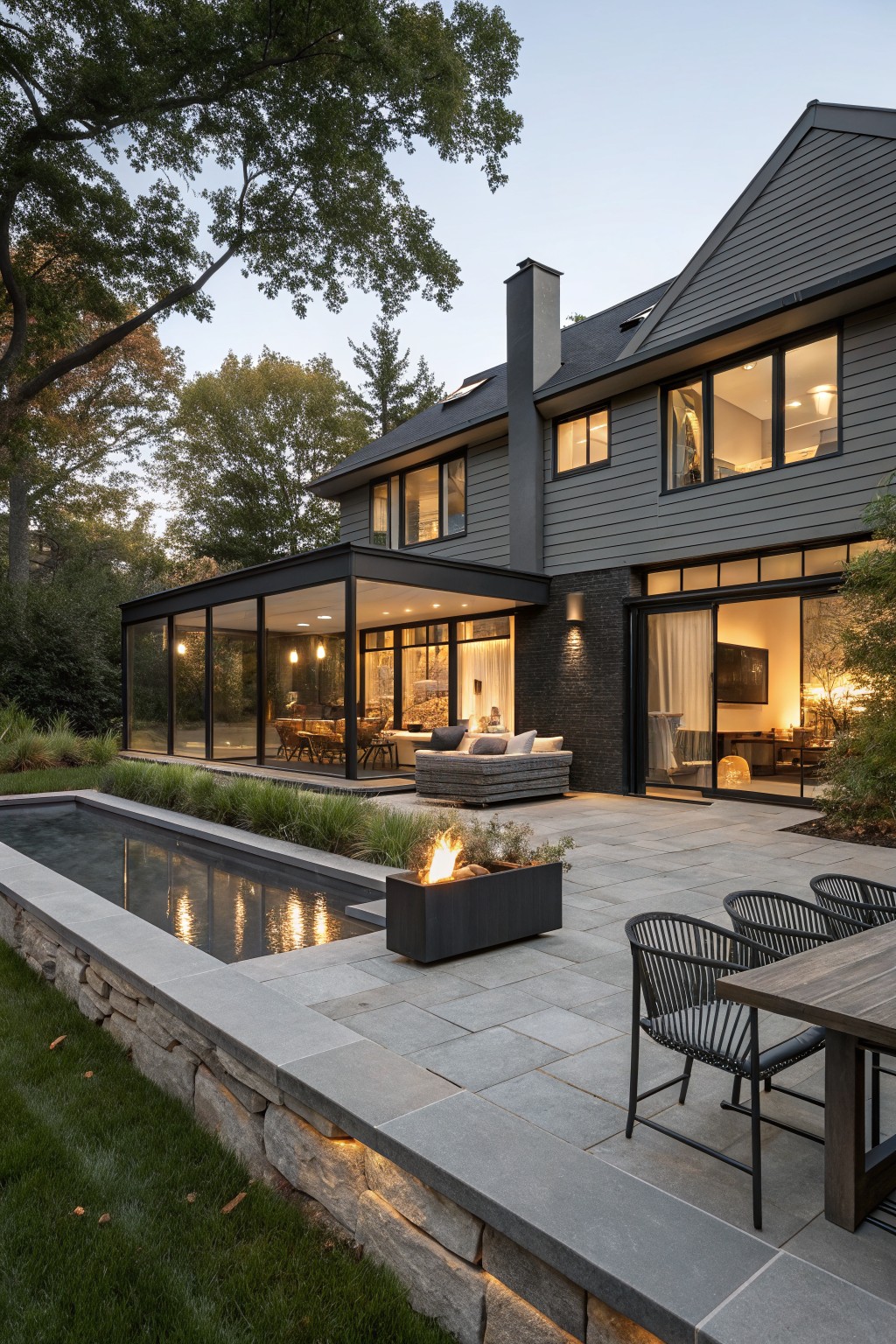 Back view of a two-story modern house with gray shingle siding and black metal-framed glass extension, featuring indoor seating visible through glass walls, adjacent outdoor patio with sofa, dining table, linear fire pit, reflecting pool edged in stone, and surrounding grass and plantings.