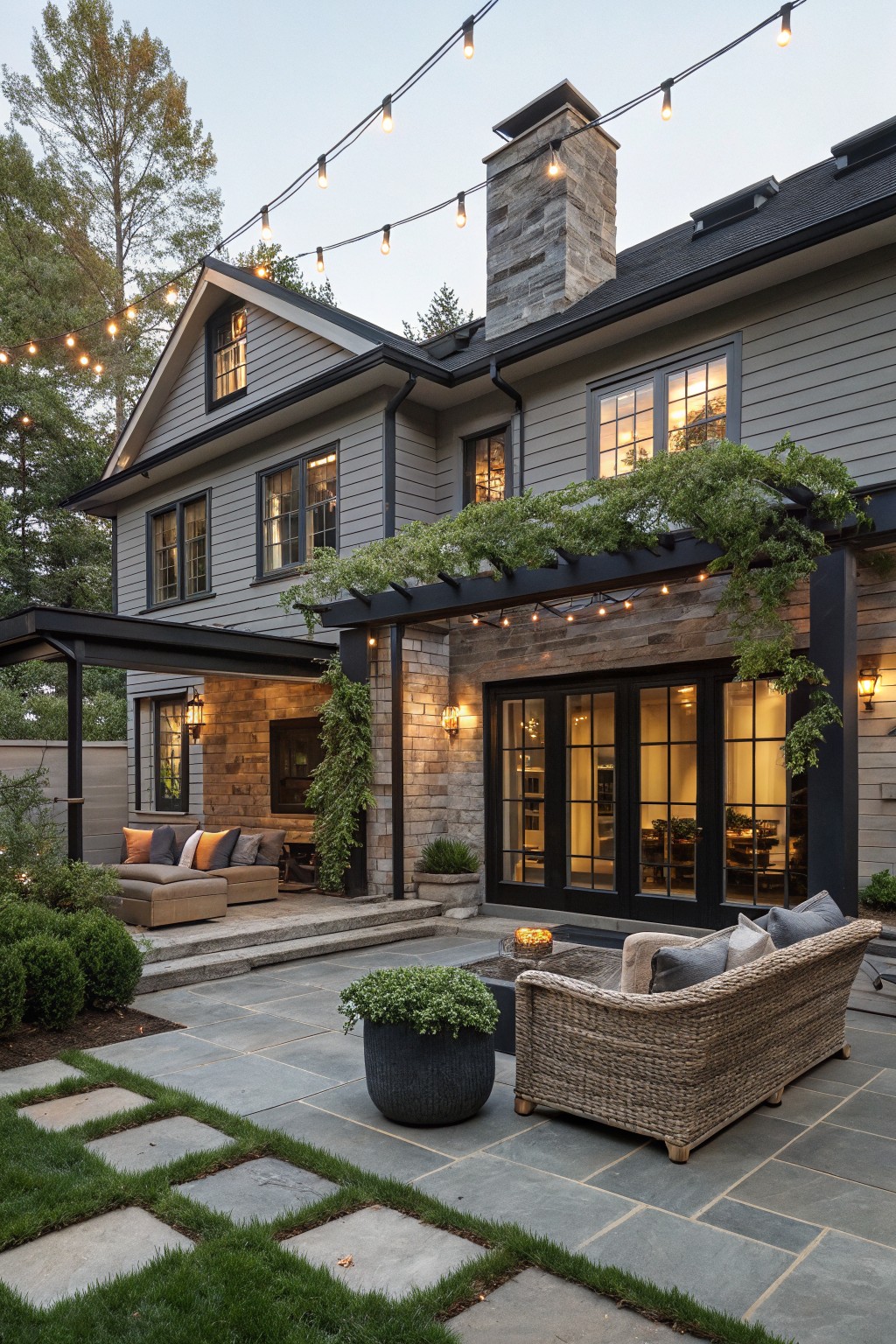 Back view of a two-story gray-sided house with black window frames, dark doors, and a black pergola covered in vines over a stone patio with wicker furniture, string lights, and landscaping.