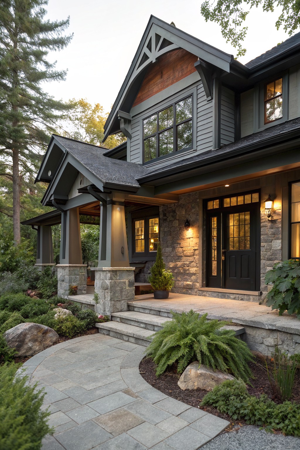 Two-story gray clapboard house with gabled roofs, covered front porch on stone foundation and columns, black-framed windows and door, wooden accents, stone pathway, and surrounding shrubs and trees.
