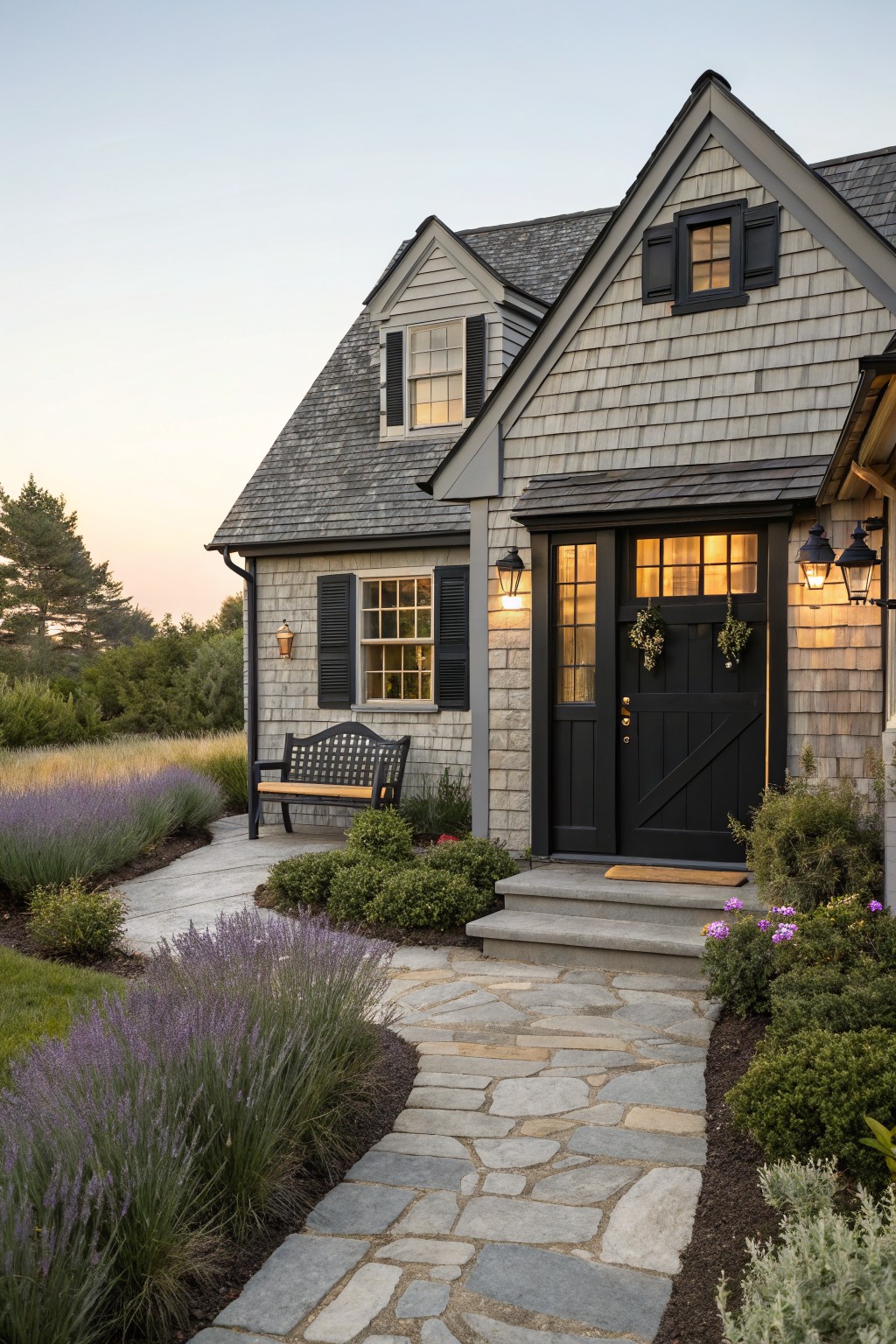 Gray shingle house exterior with black front door, sidelight windows, lanterns, potted plants, bench, stone steps, and lavender-lined path at dusk.