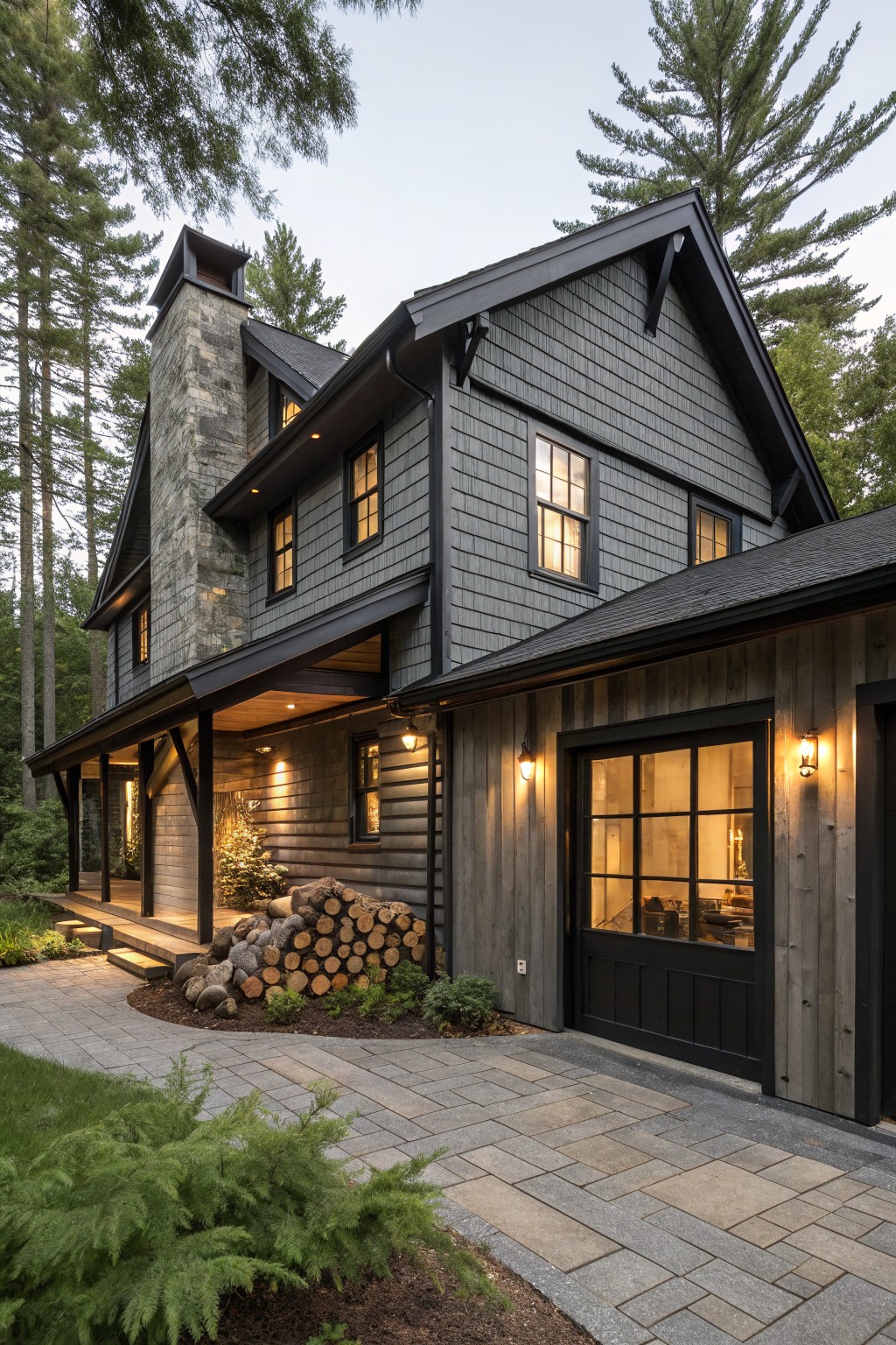 A two-story house with dark gray shingle siding, black trim on windows and rooflines, tall stone chimney, wooden porch, and garage door, surrounded by pine trees and a stone path with firewood stack.