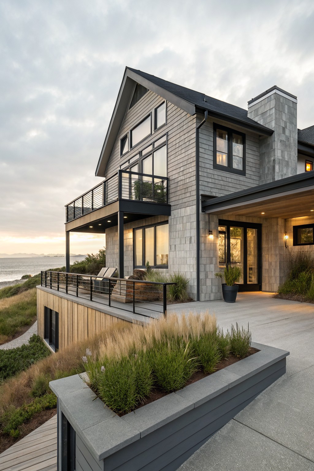 Gray shingle and stone house exterior with black window frames, balcony railing, entry door, potted plants, and coastal landscaping on a dune overlooking the ocean at sunset.