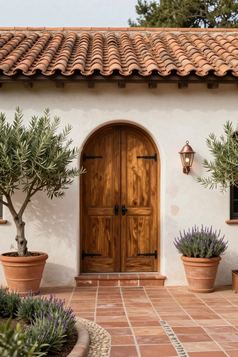 White stucco house facade under brown terracotta tile roof featuring a tall arched dark wood double door flanked by potted olive trees and lavender, with terracotta pots and tiled entry steps.