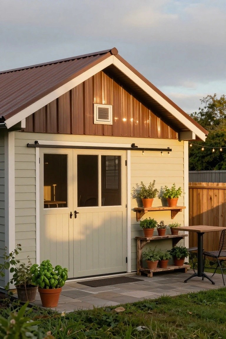 Garden shed featuring a reddish-brown corrugated metal roof, brown vertical wood siding on the upper half, cream horizontal siding on the lower half and door, sliding barn-style door with glass panels, wooden plant shelves with potted herbs, and a small wooden table with chair on a stone patio surrounded by greenery.