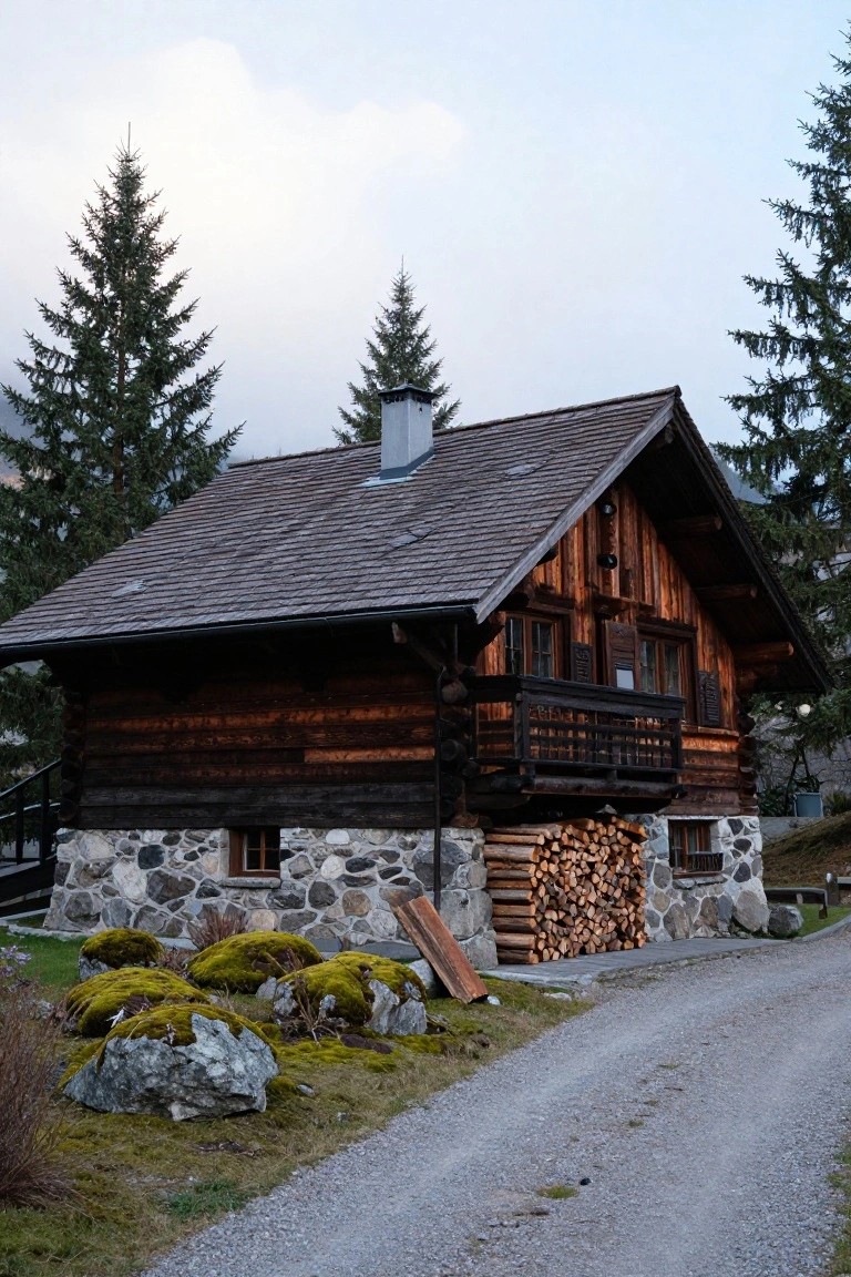Wooden chalet house with dark brown shingle roof, log siding, stone foundation, balcony, firewood stack, mossy rocks, and pine trees beside a gravel path.