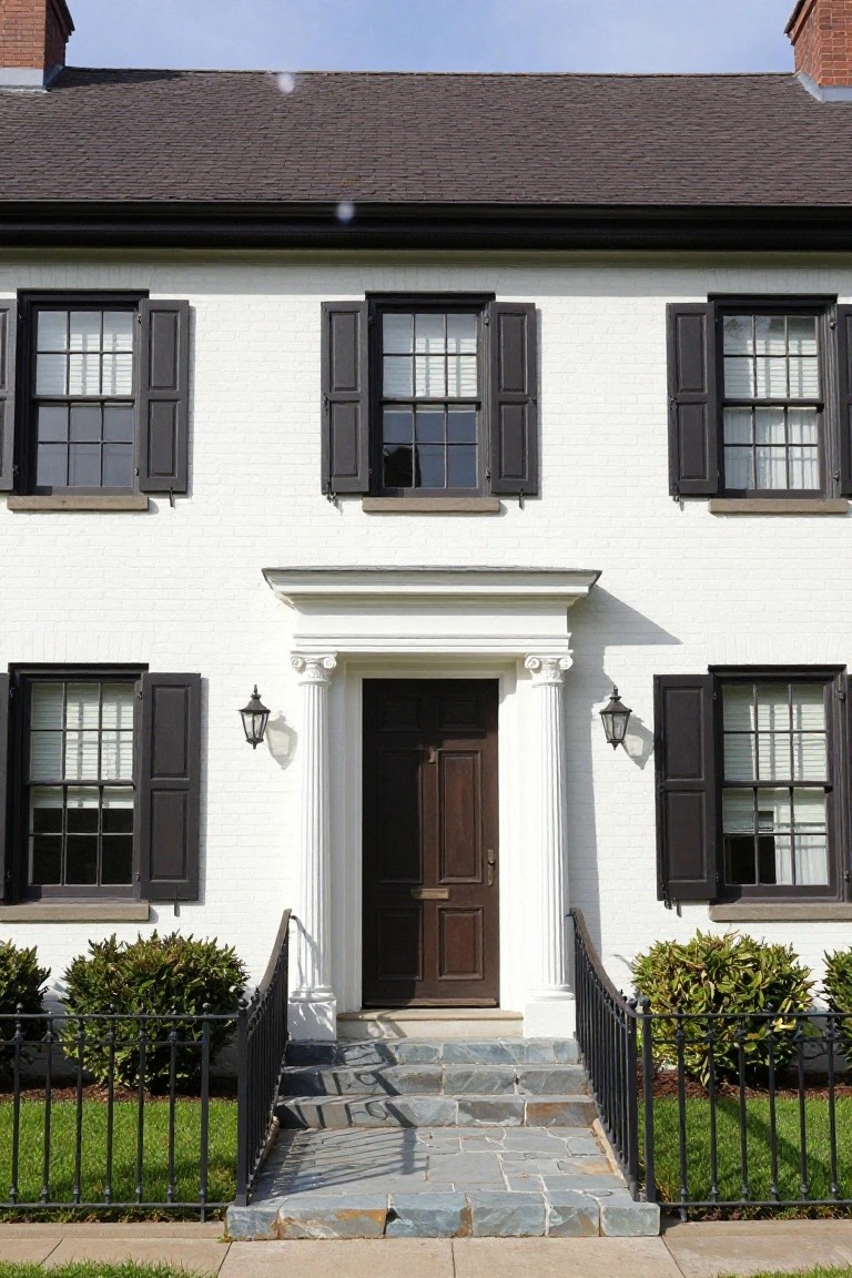 White two-story colonial house with dark brown roof, black shutters on multi-pane windows, dark wood front door flanked by white columns, black lantern lights, iron railing on stone steps, and low boxwood shrubs.