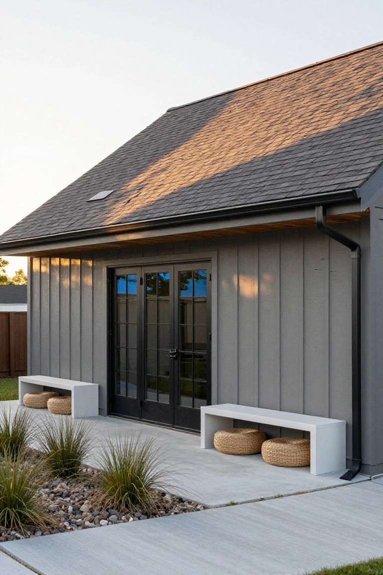 Gray board-and-batten sided building with brown shingle roof, black French doors, white benches with seagrass baskets on either side, low grasses and rocks along a concrete path, and a downspout.