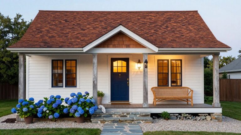 19 Brown Roof House Colors Ideas Front porch of a white clapboard house with brown shingled roof, navy blue door, rattan chair, lanterns, and large blue hydrangea plants in terracotta pots beside stone steps.