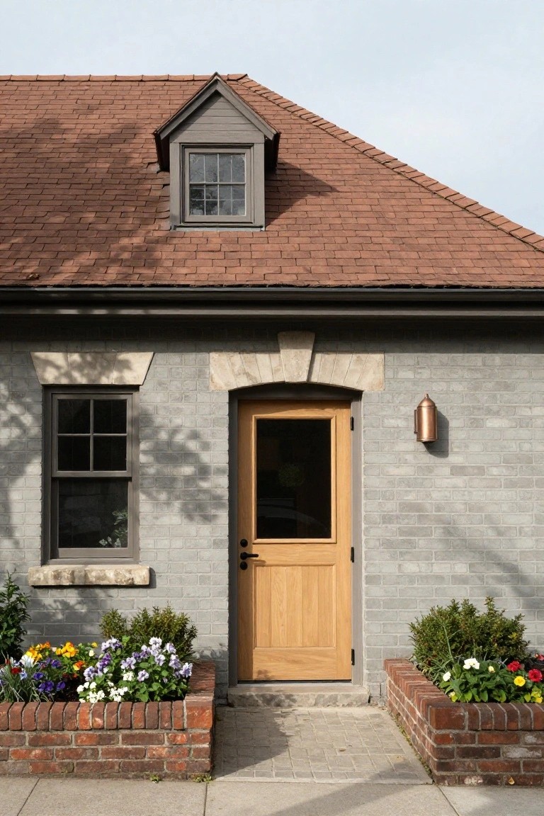 Gray brick house exterior with brown tiled roof, oak wood front door, small side window, copper wall lantern, and brick planters filled with colorful flowers along the entry path.