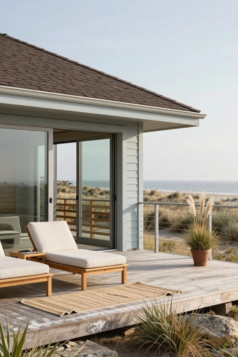 Side view of a light gray shingle-style house with brown shingled roof, large open sliding glass doors, wooden deck with two white-cushioned teak loungers and side tables, seagrass rug, potted grasses, cable railing, overlooking sandy beach dunes and ocean.