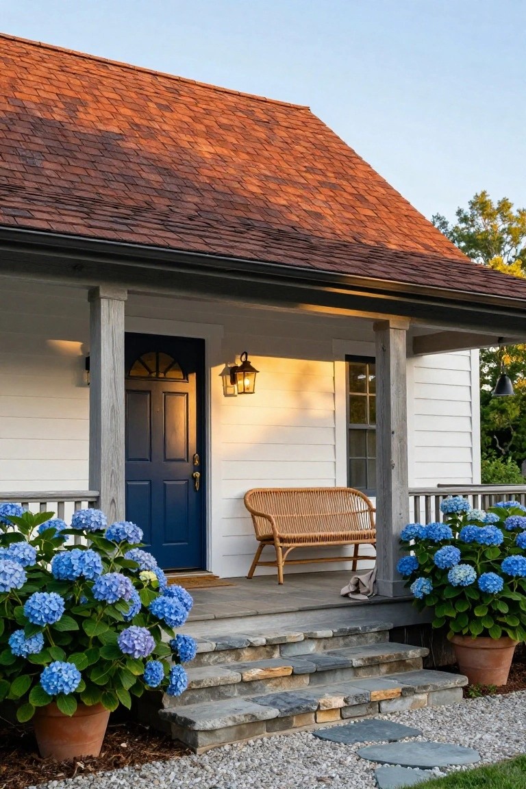 Front porch of a white clapboard house with brown shingled roof, navy blue door, rattan chair, lanterns, and large blue hydrangea plants in terracotta pots beside stone steps.