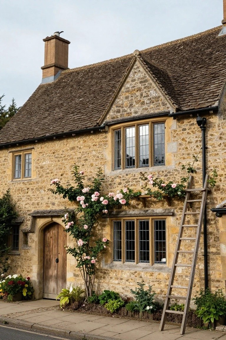 Two-story stone cottage with brown tiled roof, pink climbing roses on the facade and trellis, arched wooden door, leaning wooden ladder, flower beds, and pathway in front.