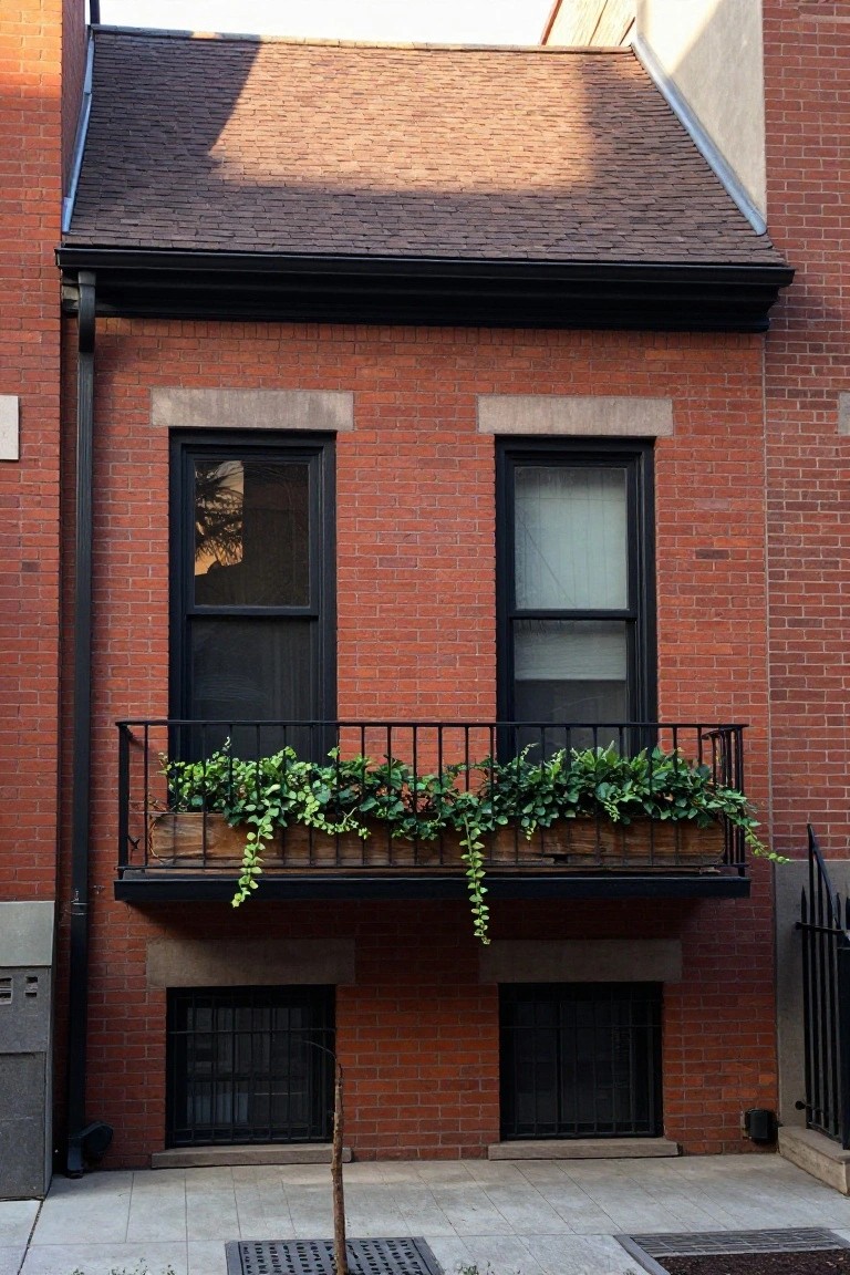 Red brick house facade with brown shingle roof, black-framed windows, black metal balcony with wooden ivy planter, downspout, grated basement windows, and paved ground with grates.