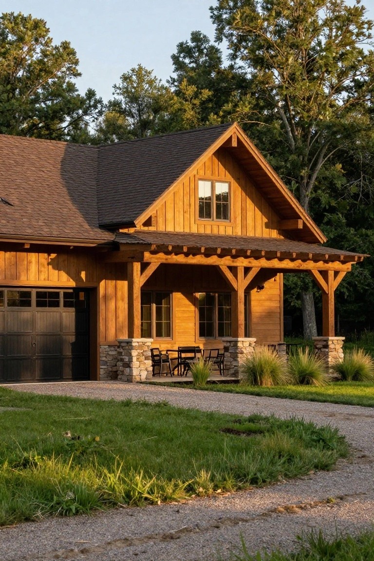 Timber-framed house exterior with brown shingled roof, attached garage, covered porch supported by beams and stone pillars, wood siding, chairs on porch, gravel path, grass, ornamental grasses, and surrounding trees.