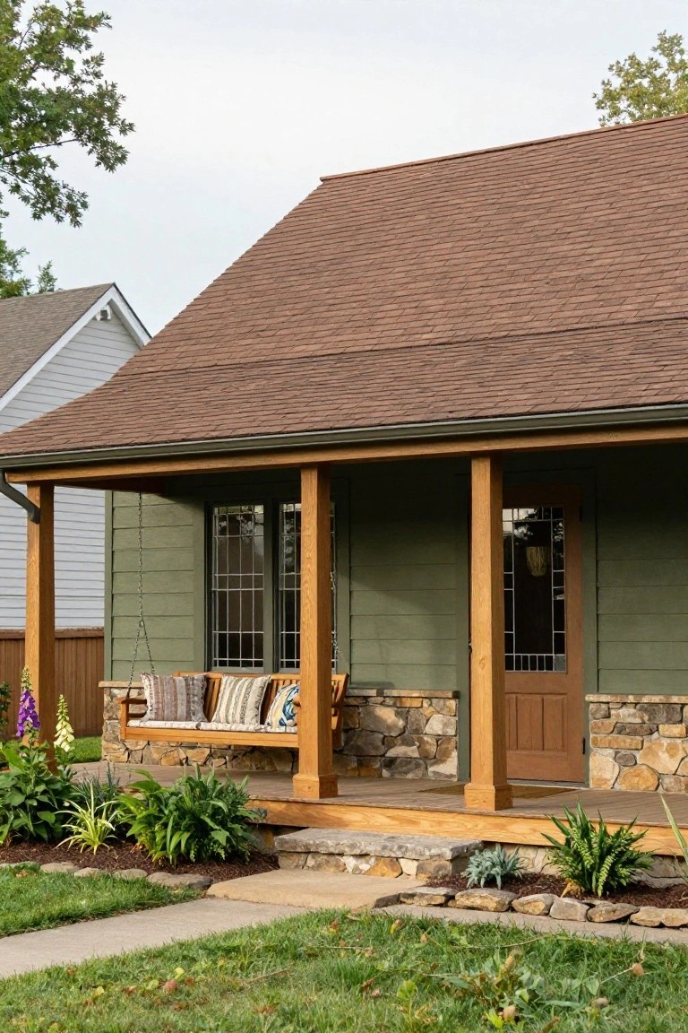 Front exterior view of a house with brown shingled roof, sage green siding, wooden covered porch supported by timber posts, hanging porch swing, stained glass front door, stone foundation, and landscaped front yard with plants, stones, and grass path.