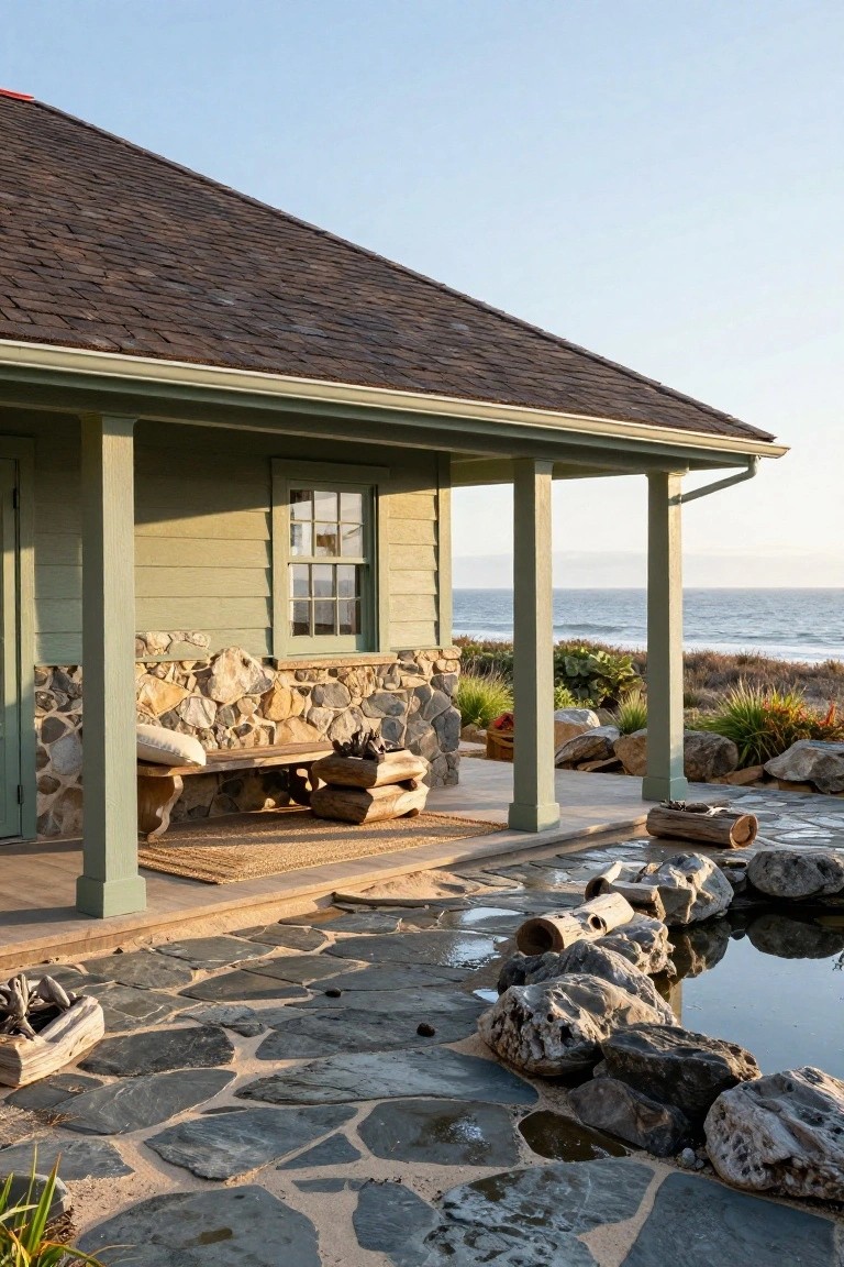 Side angle of a green clapboard house with brown shingle roof and covered porch, stone base, bench with cushions, wood elements, rock-lined water feature on flagstone patio, plants, and ocean view.