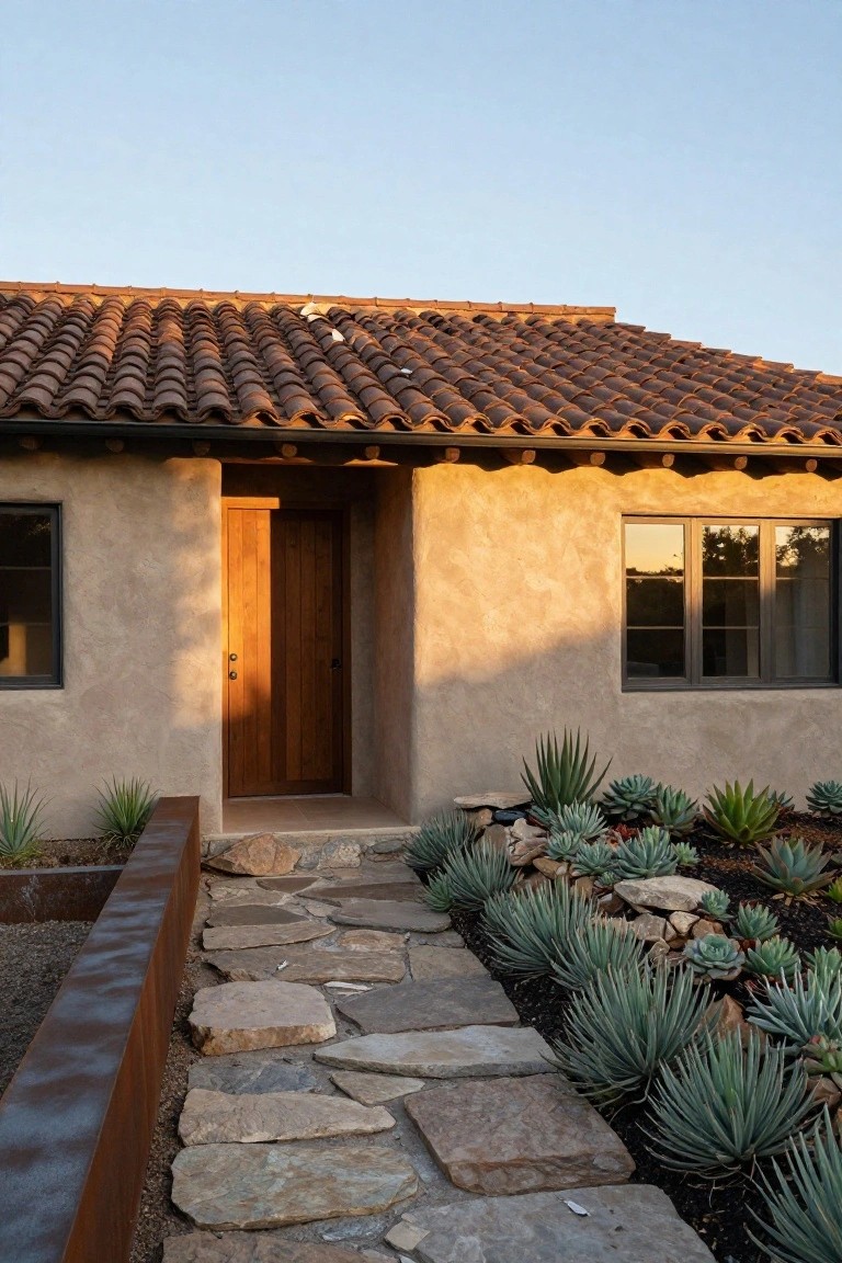 Front view of a single-story house with beige stucco walls, terracotta tile roof, wooden entry door flanked by windows, and a flagstone pathway edged by agave plants and a rusted metal planter.