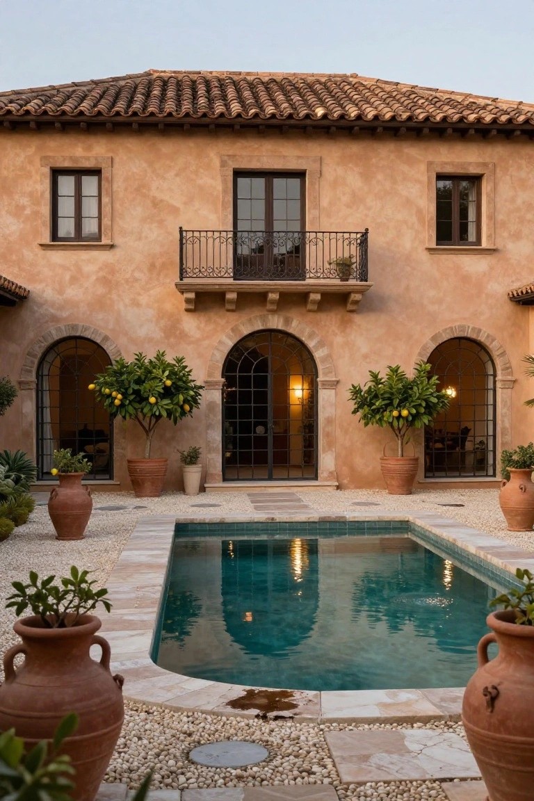 Beige stucco house with brown terracotta tile roof, featuring a second-story balcony, arched doorways and windows around a courtyard pool, lemon trees in terracotta pots, and gravel paving.