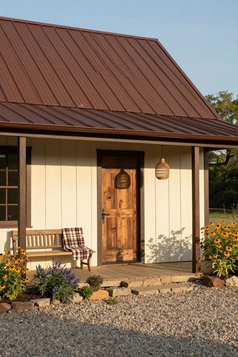 A small house exterior with brown corrugated metal roof, white vertical shiplap siding, dark wooden front door, bench on porch, woven hanging lantern, flowers in beds, and gravel ground.