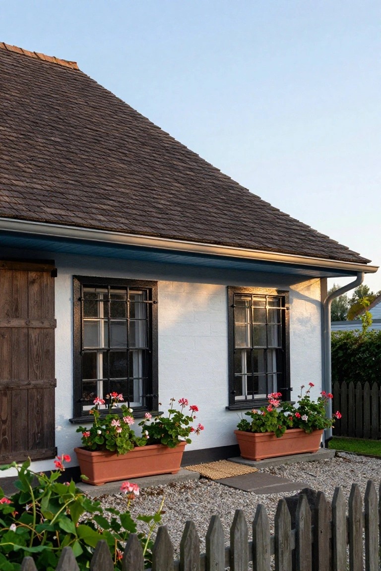 Side view of a white house with brown shingle roof, black-framed gridded windows, wooden door with shutters, two terracotta pots of pink geraniums, blue eaves, gravel ground, stone step, and wooden picket fence.