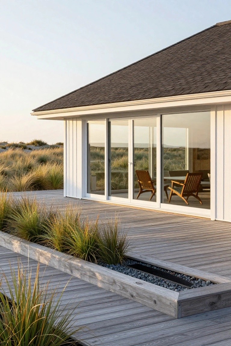 Corner of a modern house with dark brown shingled roof, white vertical board siding, large sliding glass doors, wooden deck with built-in planter of grasses, and dune landscape in the background.
