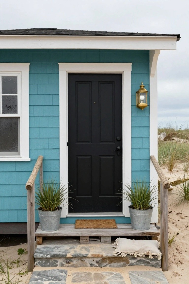Turquoise shingled cabin exterior featuring a black front door, white trim, rope handrail, metal buckets with potted grasses, doormat, lantern light, and stone steps near sand dunes.