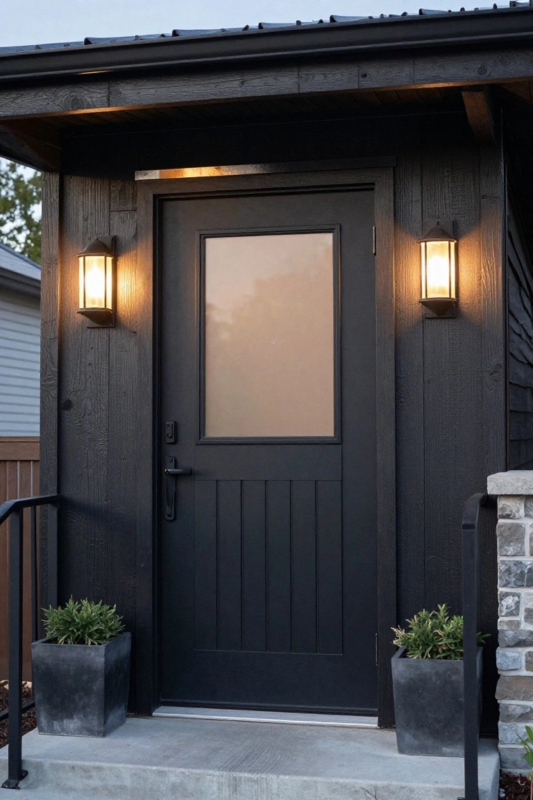 Black paneled front door with frosted glass window on a dark wood cabin entryway under a covered porch, flanked by two wall lanterns and black pots with green plants, next to a stone pillar and metal railing on a concrete step.