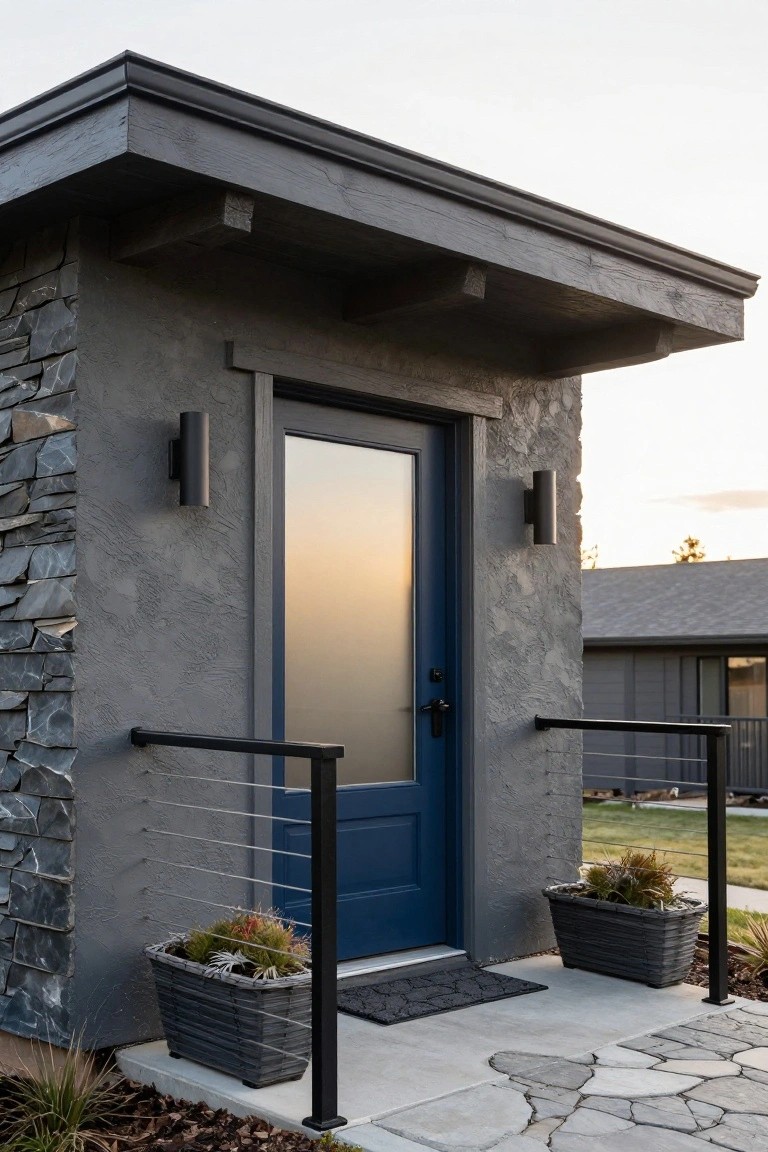 Modern cabin entrance with gray stucco and stone walls, blue front door featuring frosted glass panel and black handle, flanked by black cylindrical wall lights, wicker planters with succulents, black cable railing, and flagstone path.