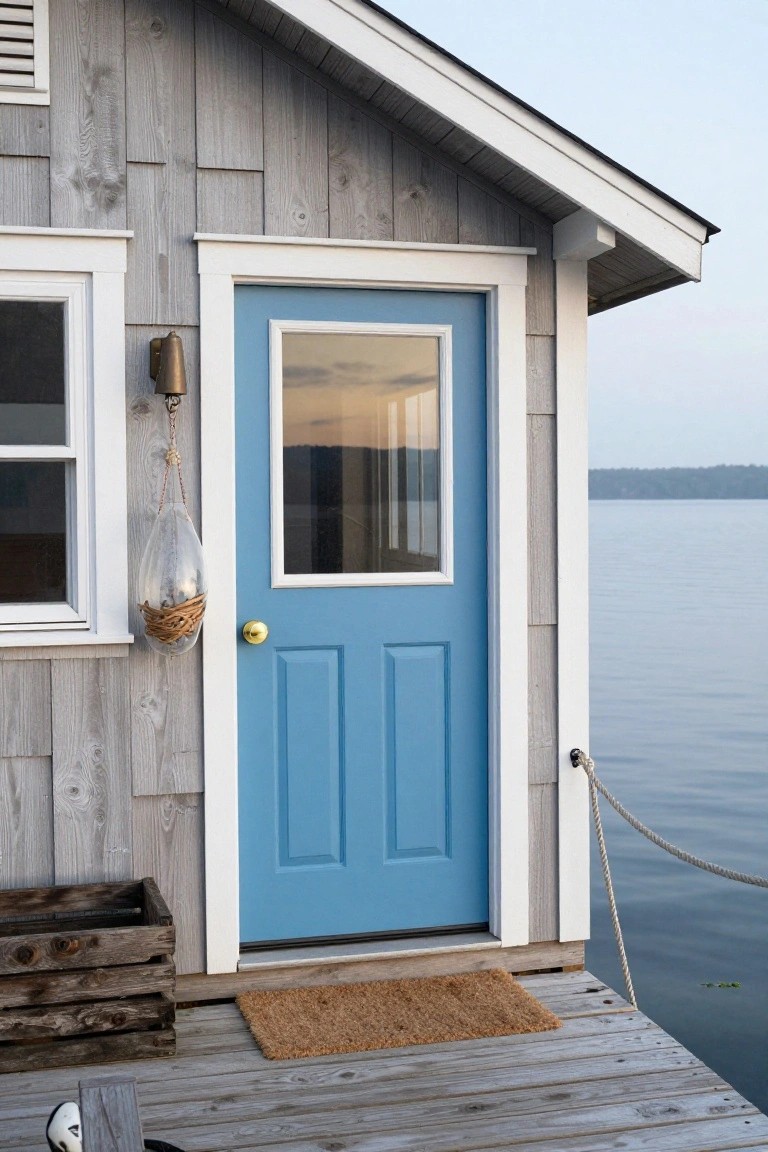 Gray shingled cabin exterior corner featuring a bright blue front door with glass panel, brass knob and light, hanging basket, on a wooden dock beside a calm lake at dusk.