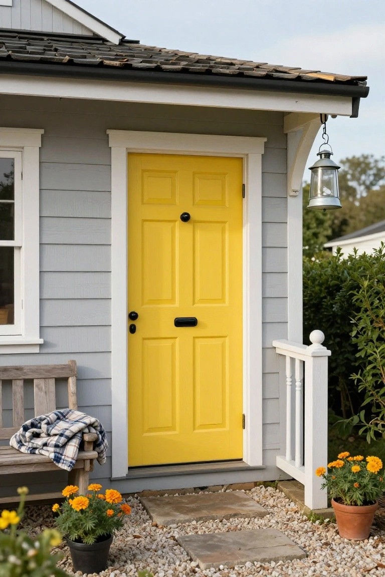 Gray clapboard cabin with yellow paneled front door, black knocker, small window beside it, wooden bench with plaid blanket, potted marigolds, gravel path, and hanging lantern on porch overhang.