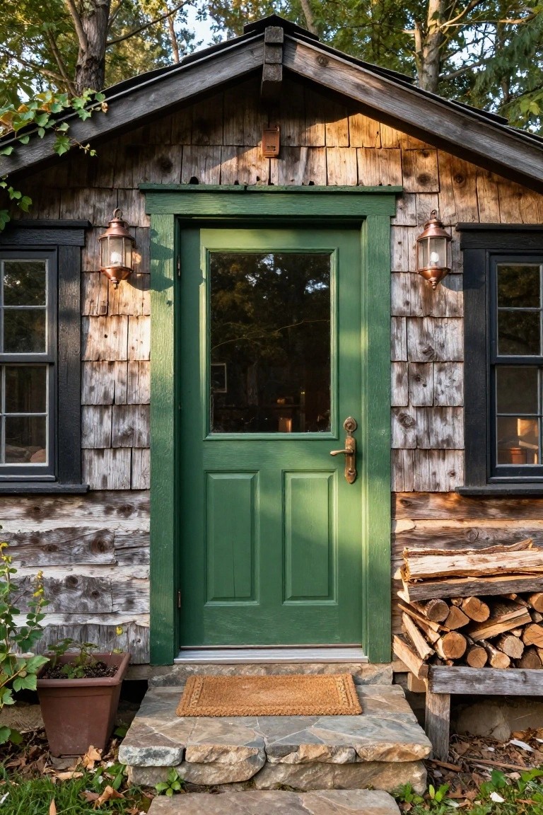 Rustic shingled cabin facade with a green paneled front door featuring glass panels, flanked by black-framed windows, copper lanterns, a stack of firewood, potted plant, stone steps, and a woven mat.