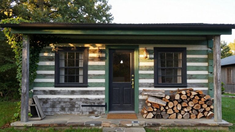 Rustic shingled cabin facade with a green paneled front door featuring glass panels, flanked by black-framed windows, copper lanterns, a stack of firewood, potted plant, stone steps, and a woven mat.