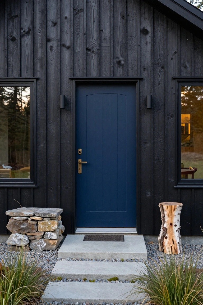 Front view of a small black wood-clad cabin with a navy blue front door centered between two large black-framed windows, flanked by a stack of stones and a birch stump stool on gravel ground with concrete steps leading up.