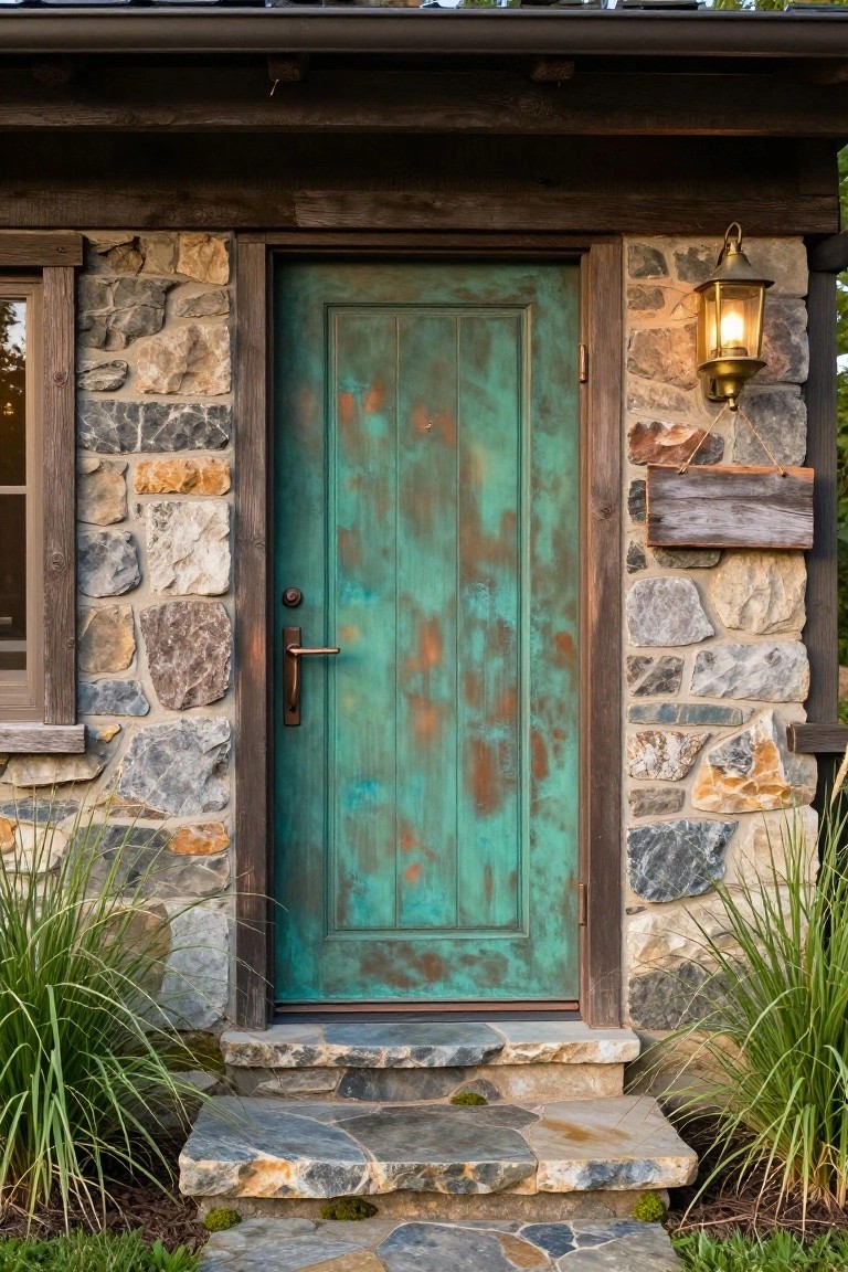 Close-up of a weathered turquoise patinated wooden front door on a rustic stone and timber cabin exterior, with a brass lantern light, wooden sign, stone steps, and ornamental grasses on either side.