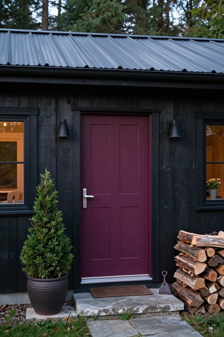 Black wooden cabin exterior with deep purple front door, black-framed windows, wall lights, potted evergreen tree, firewood stack, metal shovel, doormat, and stone steps in a forested setting.