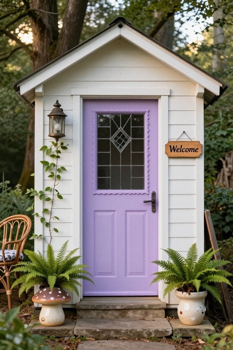 Small white wooden cabin with purple front door featuring leaded glass window, ivy climbing one side, lantern light beside door, ferns in spotted mushroom pots on steps, wicker chair, and wooden welcome sign hanging above, set in wooded garden.