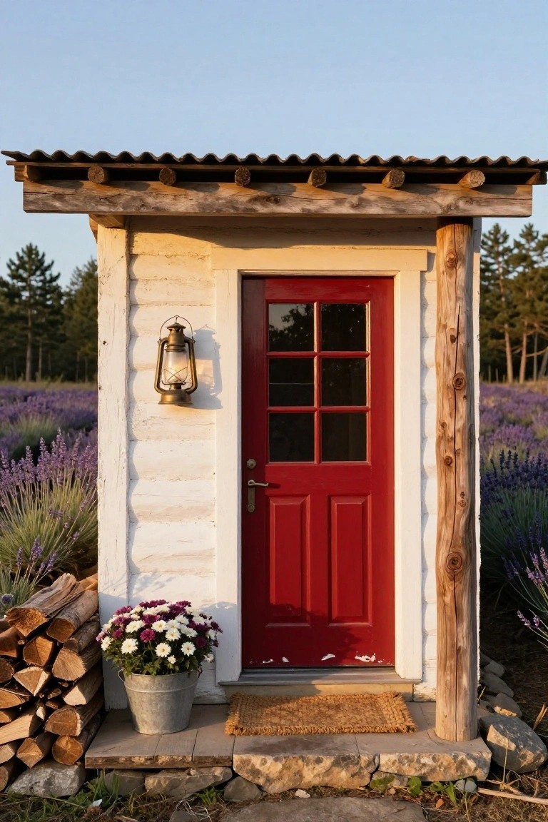 Small white wooden cabin with corrugated metal roof, red paneled front door with window panes, brass lantern mounted beside door, galvanized bucket of flowers, stack of firewood, and lavender plants nearby.