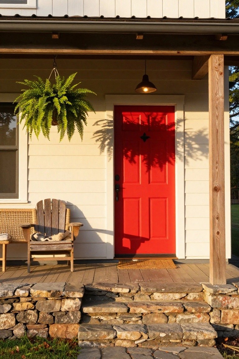 Cabin porch featuring a bright red front door, hanging fern plant, wooden Adirondack chair with a cat on it, stone steps, and light wood siding with a porch light.