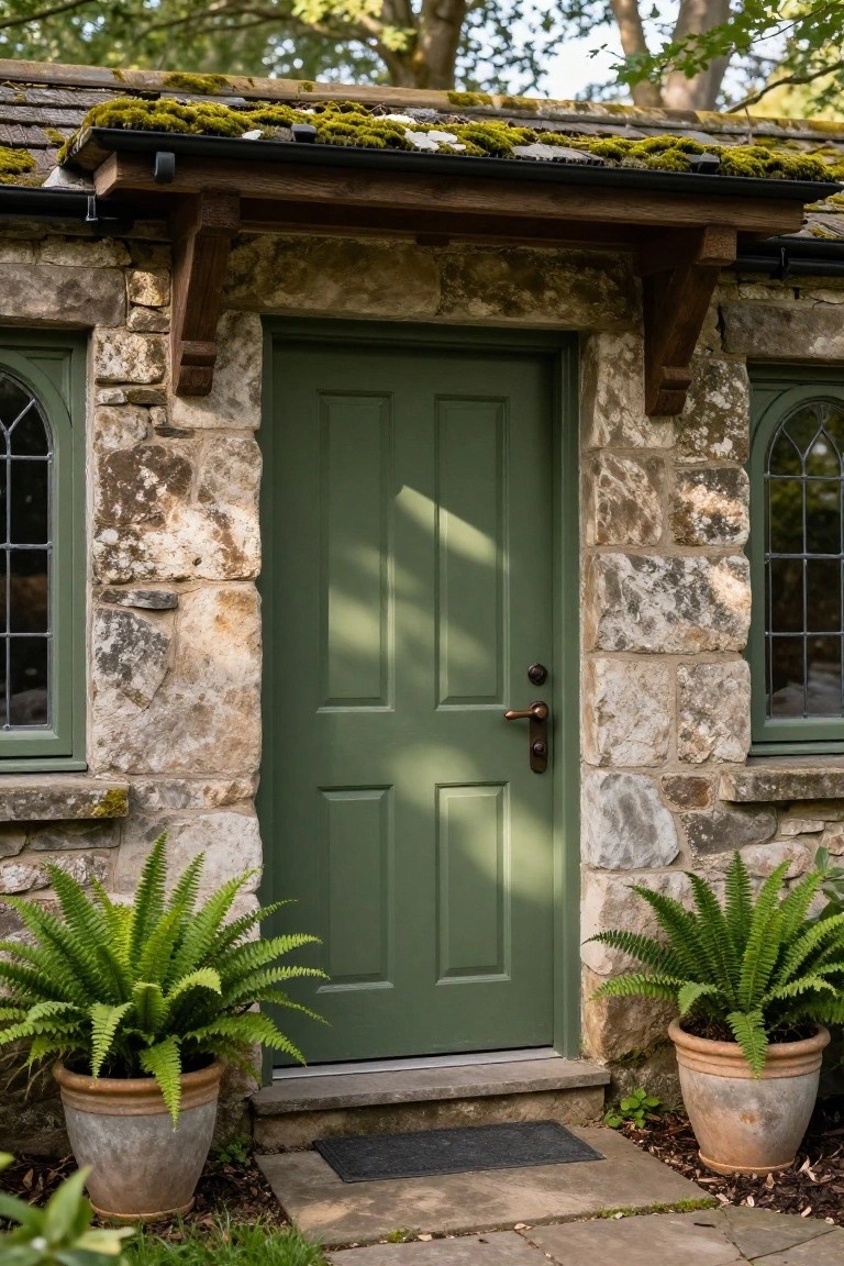 Stone cabin exterior with mossy slate roof, dark green front door, leaded glass windows, wooden brackets, and large potted ferns flanking the entry steps.