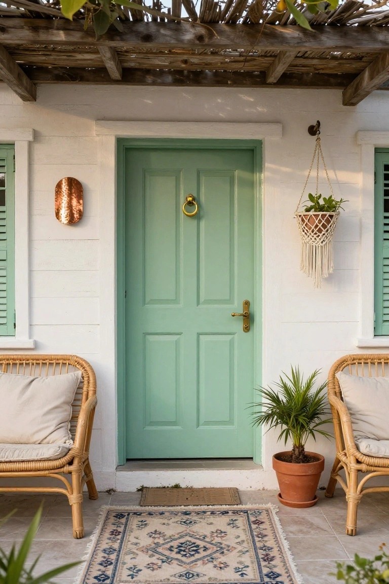 Sage green paneled front door with brass knocker and handle on white exterior wall, flanked by rattan chairs, potted plants, hanging macrame planter, and green shutters under wooden pergola.