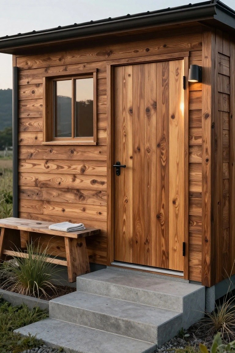 Small wooden cabin exterior with vertical plank siding and front door in warm natural wood tone, single window to the side, black door handle and wall light, concrete steps, wooden bench with towel, gravel ground, and sparse plants around.